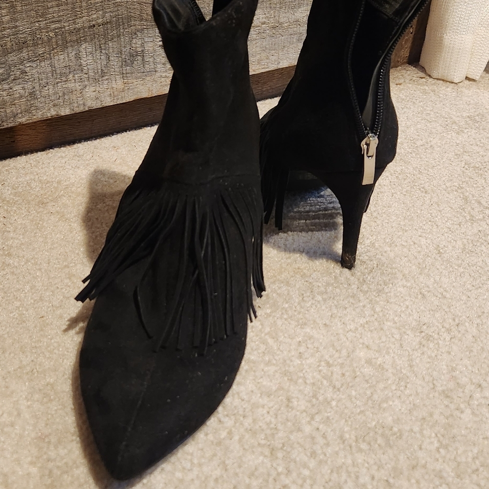 Black fringe stiletto boots